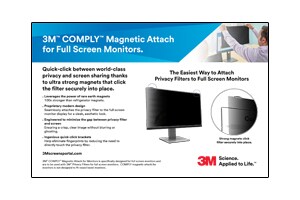 This is the 3M&trade; Privacy Solutions campaign, showing Comply Magnetic Attach for Monitors Fast Fact Cards, for en_US-speaking audiences, available in pdf format (25V01).