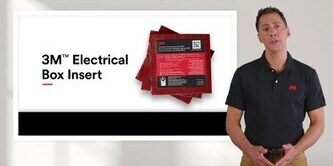 A presentation slide showing 3M Electrical Box Insert with a person standing beside it.
