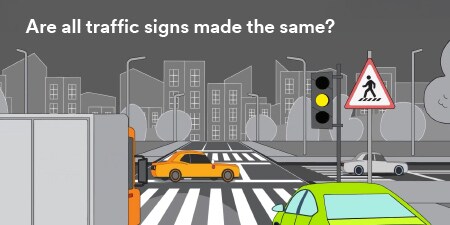A busy intersection with text overlaid saying ‘Are all traffic signs made the same?’
