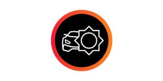 Car with sun graphic emblem.
