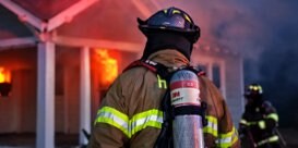 firefighter walking toward a burning house
