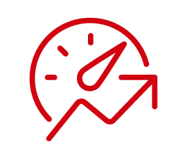 Speedometer icon with upward arrow symbolizing higher performance and efficiency.
