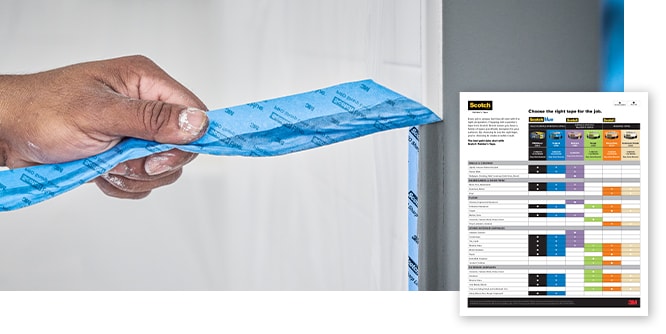 Hand removing blue ScotchBlue painter's tape from a wall next to a Scotch tape selection guide comparing product types by application.
