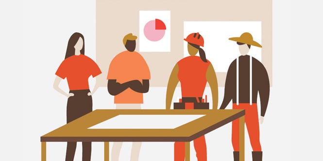 Illustration of workers collaborating around a table.
