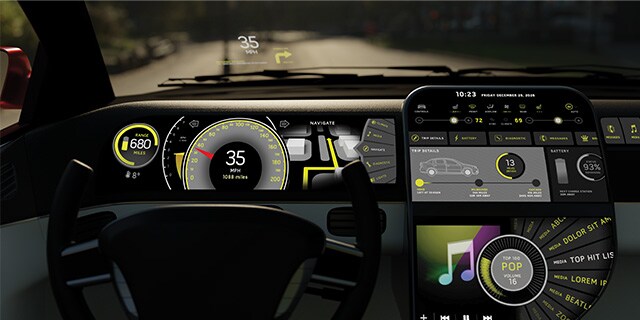 Interior of a car showing the HMI, HUD, and information display.

