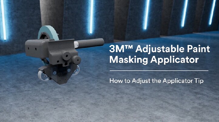 Video still of the tool with text “3M™ Adjustable Paint Masking Applicator: Adjust the Applicator Tip”
