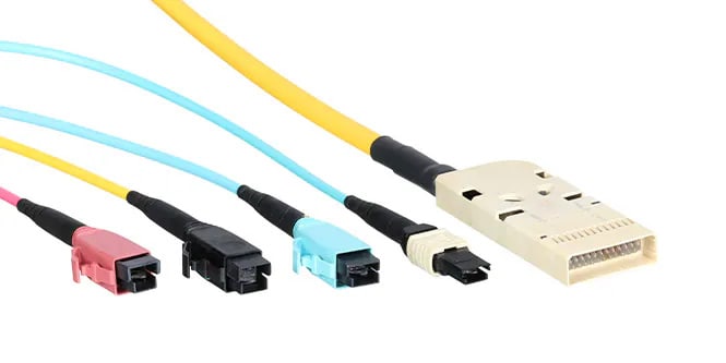 Assorted 3M EBO Connectors with different colored cables, designed for single and multimode connectivity
