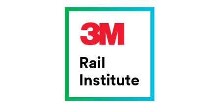 Rail institute logo with green drawing of rail car in a circle and red 3M logo in the corner.
