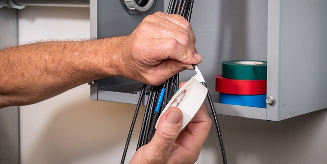 worker color coding electrical wire with white vinyl electrical tape
