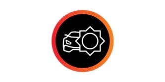 Car with sun graphic emblem.
