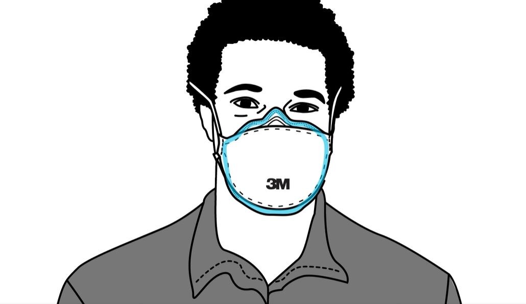 Illustration of a guy wearing disposable respirator with the seal highlighted in blue
