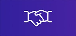 white handshake icon on purple background