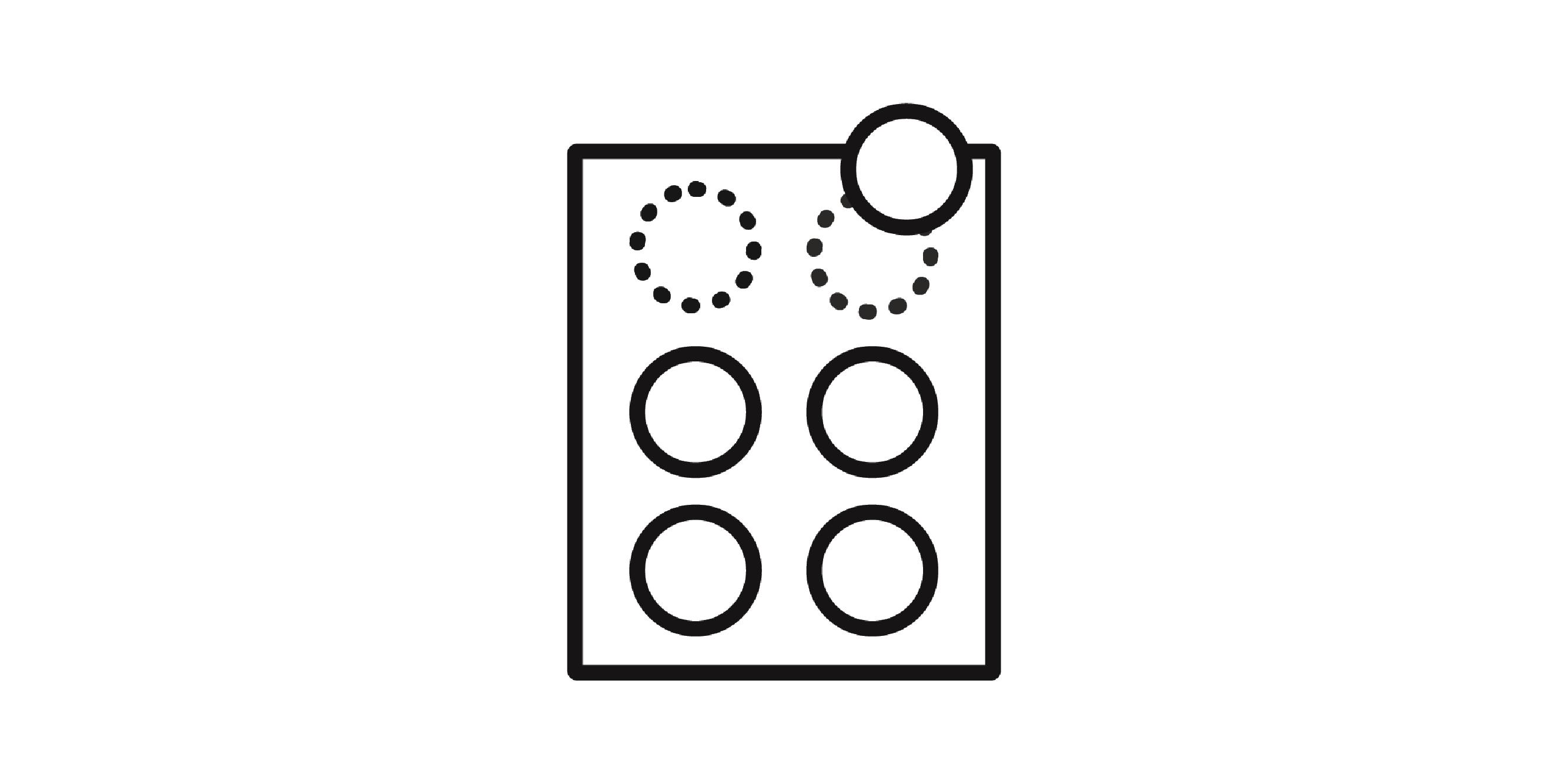 Icon of a sheet of material with six holes cut out and two of the holes removed from the material
