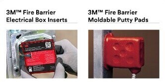 Close-up of 3M Fire Barrier Electrical Box Inserts and 3M Fire Barrier Moldable Putty Pads.
