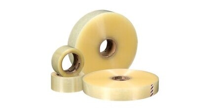 Four rolls of clear Scotch brand industrial packaging tape in various sizes.
