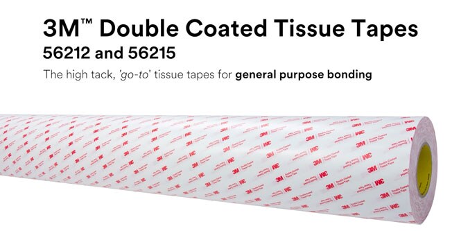 A roll of 3M™ Double Coated Tissue Tape 56212 is shown lengthwise.
