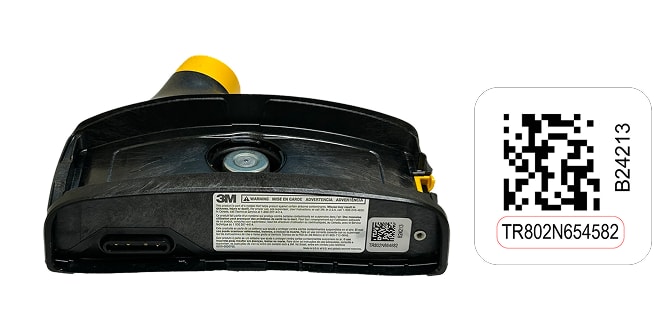 Indication of serial number of the 3M™ Versaflo™ TR-800 Powered Air Purifying Respirator (PAPR) blower.
