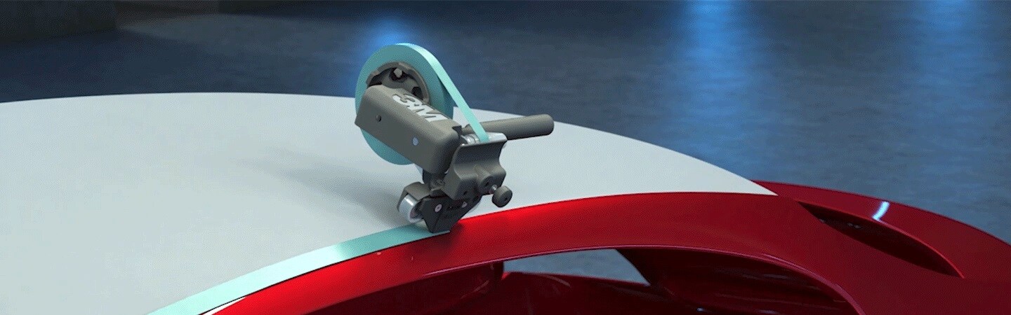 Product mock-up example of 3M automotive masking solutions on a red sports car.
