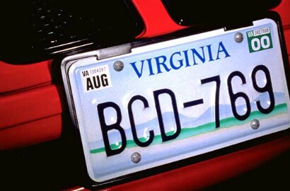 Front license plate in blue with front plate reading Virginia BCD-769.