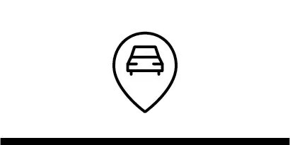 Black line art icon of a vehicle inside of a location pin.