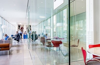 daylight redirecting film applied to corporate windows to redirect sunlight