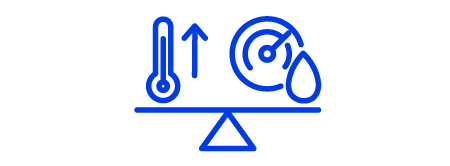 Icon of a temperature gauge and a pressure gauge balanced on a scale the icon is a blue line illustration with a white background.
