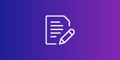 Document with pencil icon in white on purple gradient background
