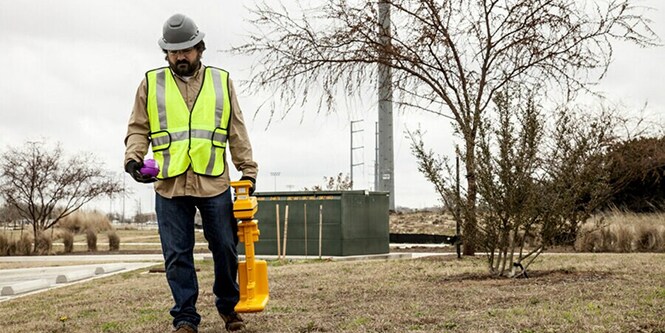 worker holding marker ball and locator at facility
