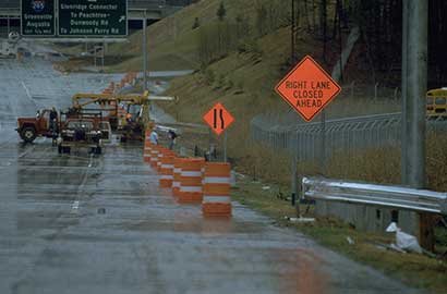 Pavement markings in rain.