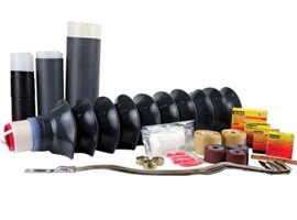 Product photo of 3M Cold Shrink QT-III Termination Kit 7673 contents: tape rolls, 10 skirted termination, grounding braid and constant force springs