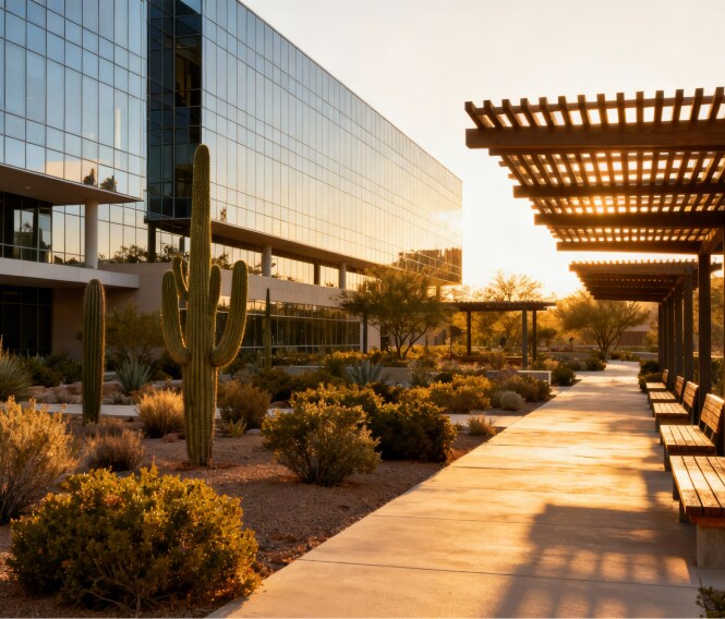 exterior image of windowed building in desert
