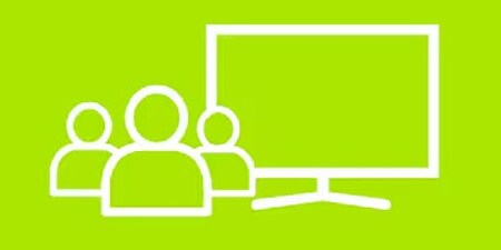 An icon depicting three people in front of a large screen, symbolizing a group presentation or a team meeting. The background is a bright green color.
