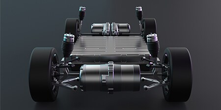 EV Battery chassis on dark gray background.
