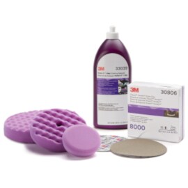 Showing the Perfect-It 1-Step Paint Finishing System abrasives, finishing material, and purple foam finishing pads