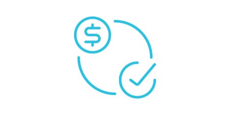 Material and labor savings icon of a circle with a money and check mark symbol.
