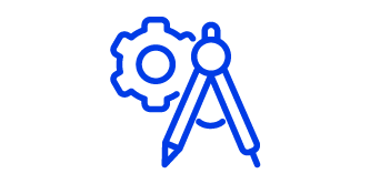 Icon of a gear and a drawing compass, the icon is a blue line illustration with a white background.
