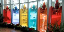 colorful transparent film applied to a glass in a museum for creativity and decor.