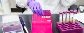 Scientist wearing medical gloves handling test tubes in a lab.