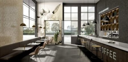 Interior of a clean, bright and modern café.
