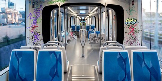 Internal view of an empty passenger railcar
